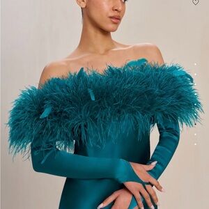 Cult Gaia Teal Feathered Maxi Dress